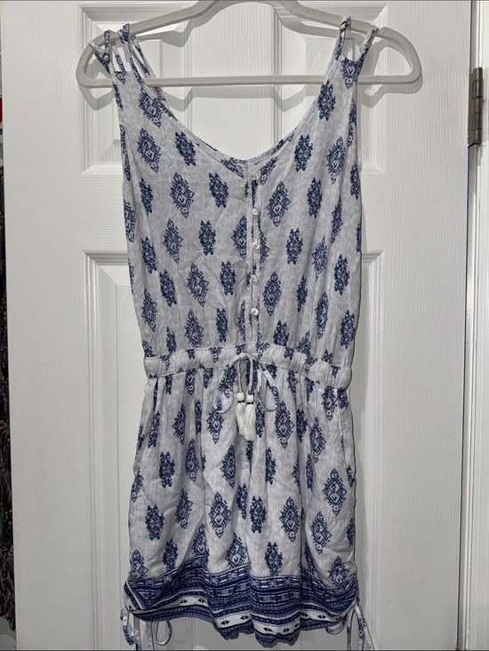 Hollister Pants - Hollister White and Blue Printed Button Romper
